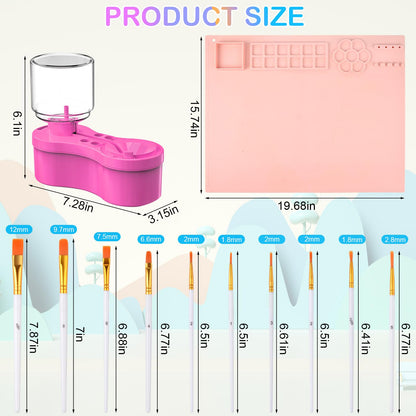 Mikiwon Painting Station, Paint Brush Cleaner and Silicone Art Mat 20"X16" with 10 Paint Brushes, Paint Brush Rinser, Art Supplies Set (Pink)