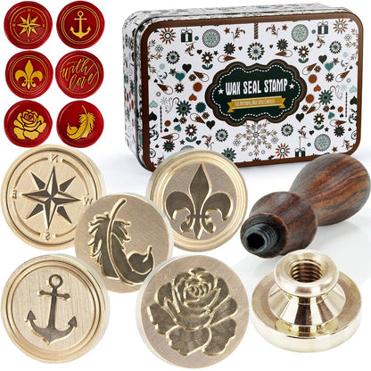 Wax Seal Stamp Kit, 6 pcs Brass Head Wax Stamp & 1 Wooden Handle, 6 Designs (Anchor, Feather, Fleur-de-lis,Compass, with Love, Rose Flower)