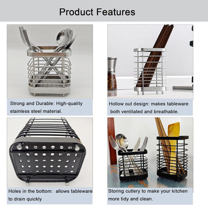 Cutlery Drainer, Stainless Steel Utensil Holder Sink Caddy, Rust Proof Kitchen Sink Organizer for Counter (Black)