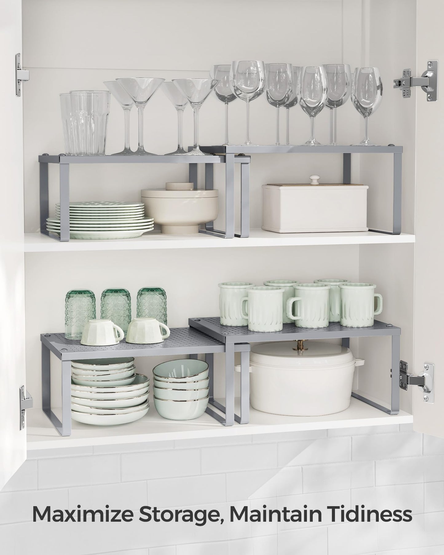 SONGMICS Spice Racks, Set of 2 Metal Cabinet Shelf Organizers, Countertop Organizers, Shelf Risers, Stackable, Expandable, Silver UKCS01SV