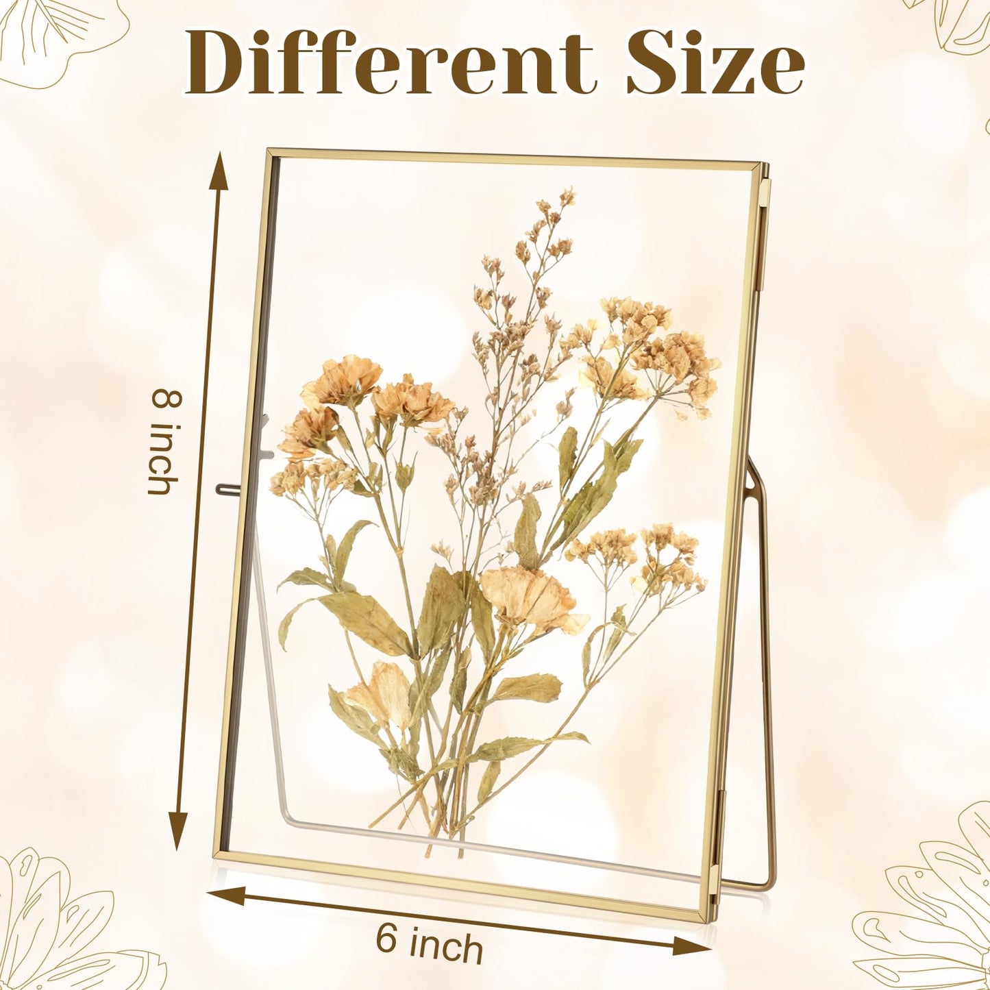Vicenpal 3 Pack Glass Pressed Flower Frame Handmade, 6 x 8 Floating Picture Frames for Pressed Flowers, Brass Double Glass for Tabletop Display, Home Office Plant Specimen, Photos(Gold)