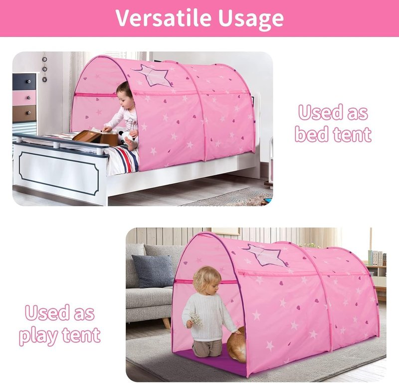 Alvantor® Starlight Bed Canopy Dream Play Tents Playhouse Privacy Space Twin Sleeping Indoor Stars Boys Girls Pop Up Portable Frame Curtains Pink, Patent Pending