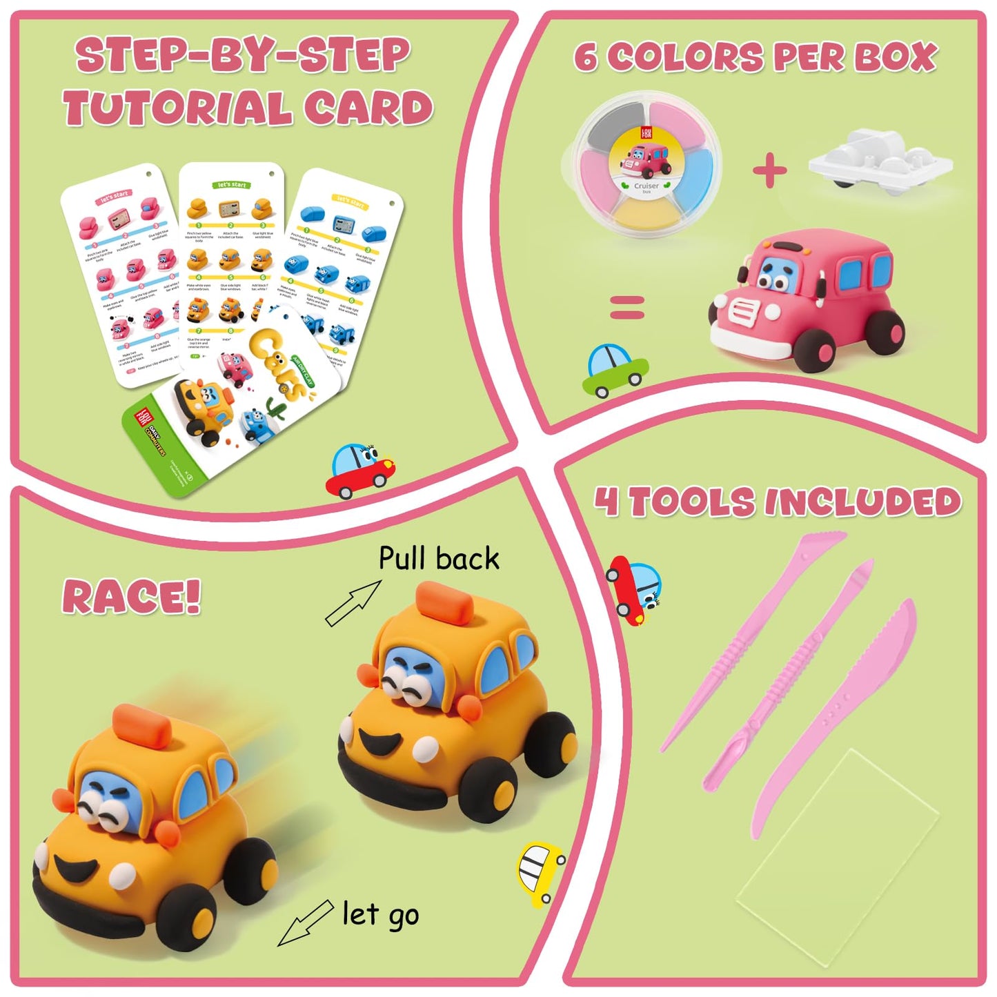 Air Dry Clay Kit for Kids - Pull Back Car Making, 3 Boxes Modeling Clay with Sculpting Tools, Base, Backing Board, Tutorial, Ultra Light & Soft, Non-Toxic & Safe, Creative DIY Arts and Crafts Toys