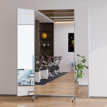 Full Length Stand Up Mirror on Wheels,63''×67'',Large Tri-Fold Floor Mirror with Stand,Movable 3-Way Full Length Standing Mirror for Gym, Dance Studio, Fitness Room, and Home (Silver)