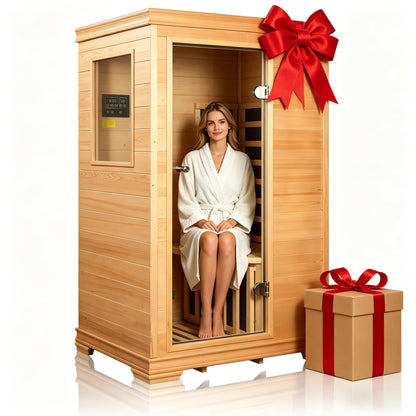 1 Person Infrared Dry Sauna for Home, Low EMF Indoor Sauna, Premium Wood Build with 960W Carbon Panels - Home Sauna for Daily Relaxation & Wellness, 35 * 27 * 61 Inch,Ventilation & Storage Tray