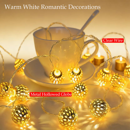 USB & Battery Operated Pattern Lanterns String Lights, Decorative Fairy Boho Light for Home Bedroom, 9.8ft 20 LED Gold Moroccan Globe Diwali Decoration for Christmas Birthday Party (Warm White)