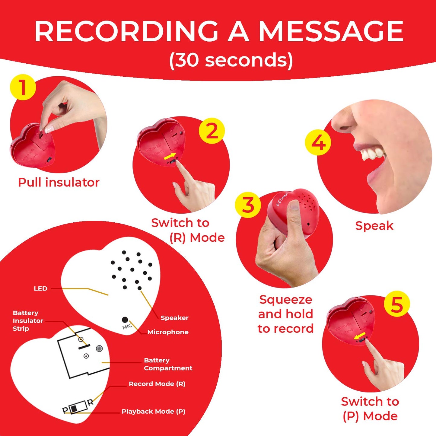 EZSound Teddy Bear Voice Recorder | 30 sec Stuffed Animal Voice Recorder for Kids | Recordable Stuffed Animal Insert | Push Button Build a Bear Heart | Sound Chip for Personal Messages, Gifts (Red)