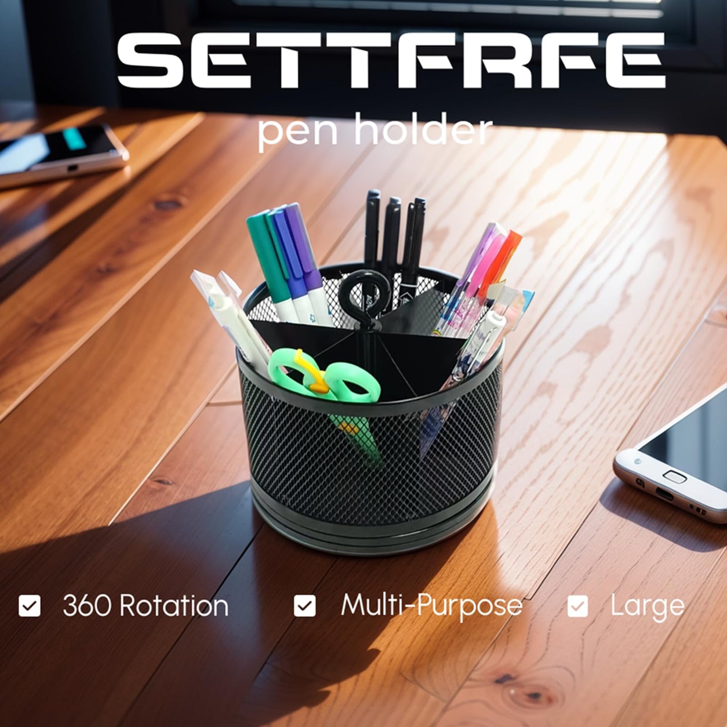 SETTFRFE Rotating Pen Holder for Desk,6-Compartment Metal Pen Container with Handle, Multi-Functional Desk Organizer for Office Supplies, Art Tools &Makeup Brushes, Black (Metal Mesh Style)