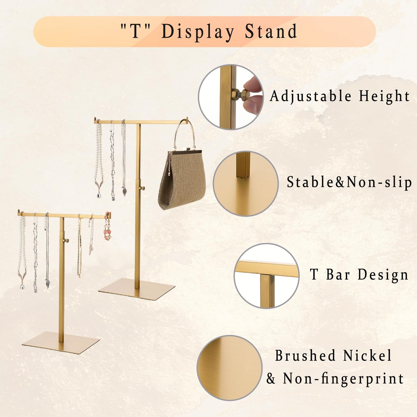 Purse Display Stand Jewelry Towers 2 Packs Stainless Steel Bag Stand Tabletop Adjustable Height Double Hook Hanging Jewelry Stands for Necklaces Organizer Home Store Boutique (Anti-fingerprint)