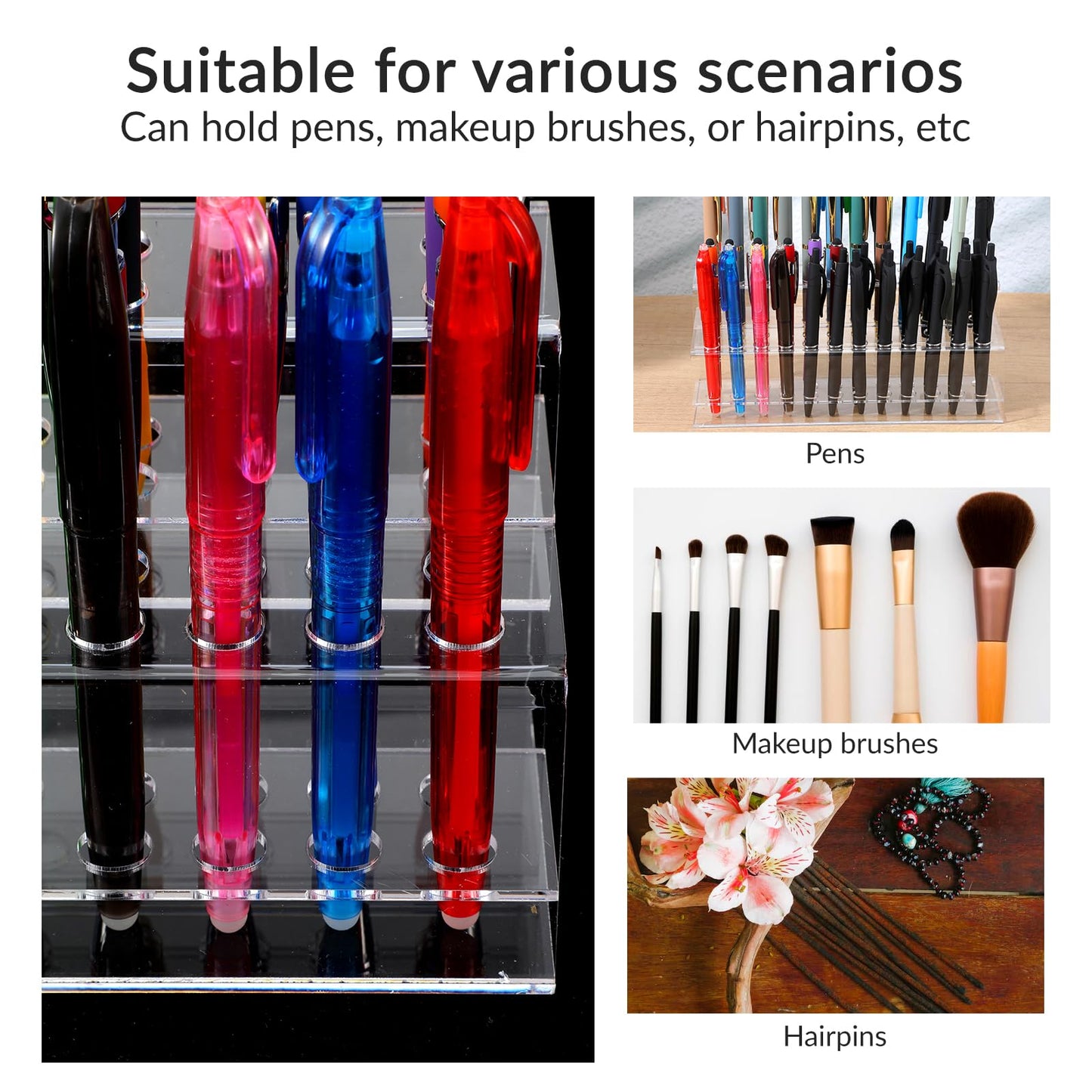 Kifmurase 48 Holes Pen Display Stand, Acrylic Pencil Holder for Craft Shows, Clear Makeup Brush Rack, Beaded Eyebrow Art Brush Organizer, Makeup Tool Organizer for School Office Home Retail Store