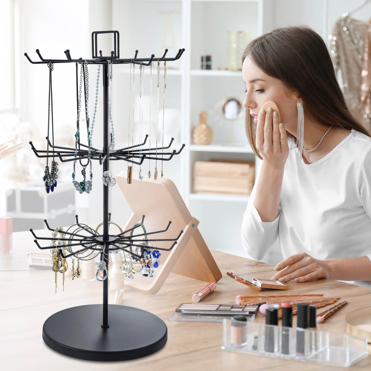 MyGift 3-Tier Matte Black Metal Jewelry Tree Display Stand – 360 Rotating Necklace & Bracelet Organizer Tower with 36 Hooks and Top Sign Holder