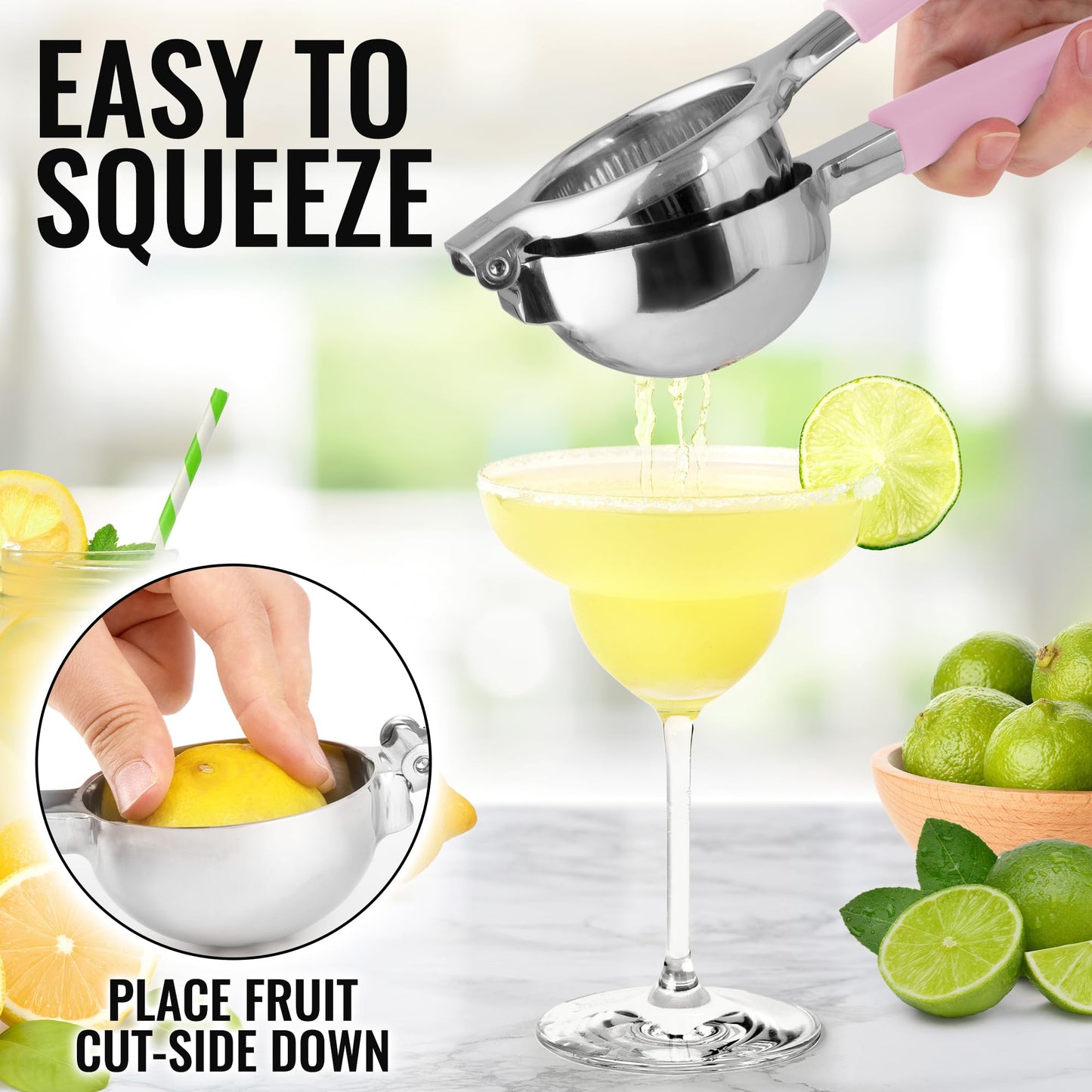 Zulay Lemon Squeezer Stainless Steel with Premium Heavy Duty Solid Metal Squeezer Bowl (Black Grip, Large)