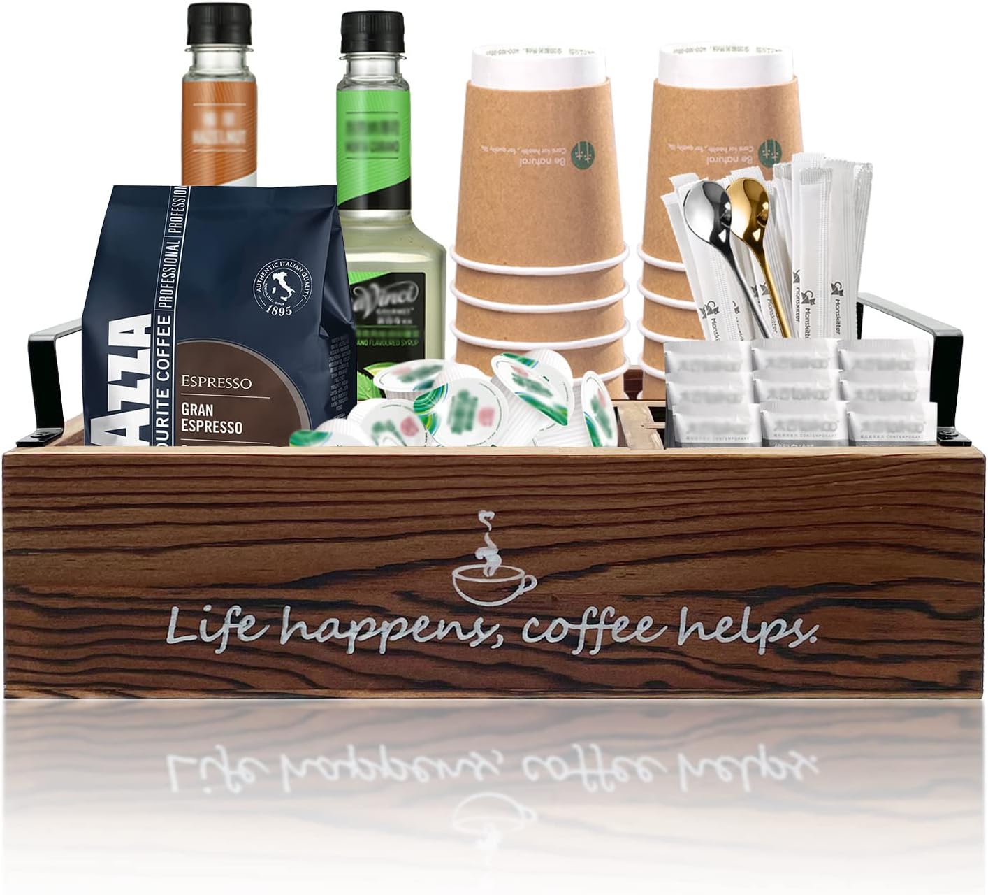 Farmhouse Coffee Station Organizer Basket for Countertop, Wooden Tray for Coffee Supplies, Sugar, Syrup, Tea (Brown)