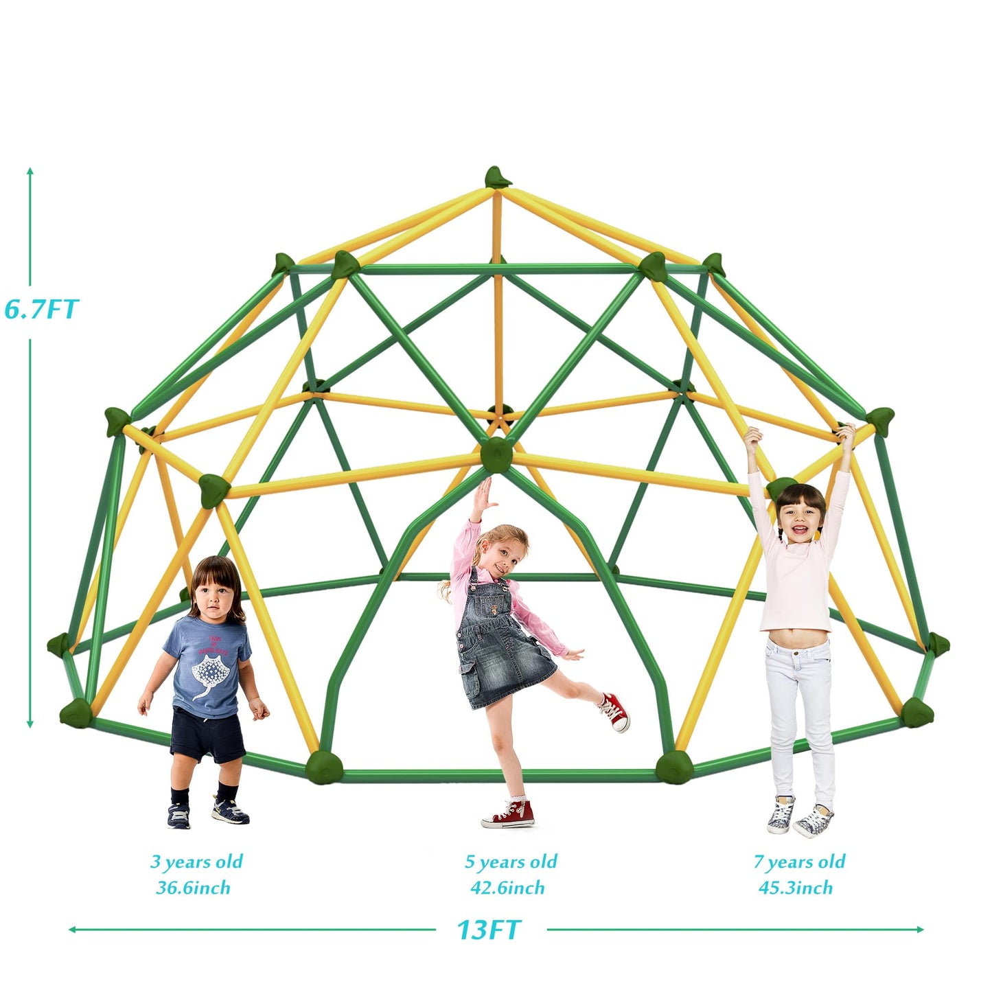 13ft Large Kids Climbing Dome Geometric Jungle Gym Play Structure with 1000 LB Capacity Green & Yellow Outdoor Play Equipment for Backyard Weather-Resistant Steel Frame