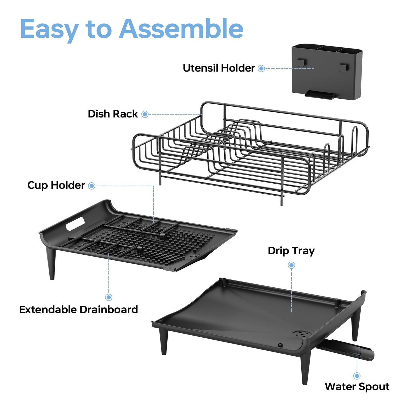 TOOLF Large Dish Drying Rack, Expandable Dish Rack for Kitchen Counter, Multifunctional Dish Drainer, Organization and Storage Essentials with Cup & Cutlery Holders, 16.7"-26.8" L x 12.6" W, Black