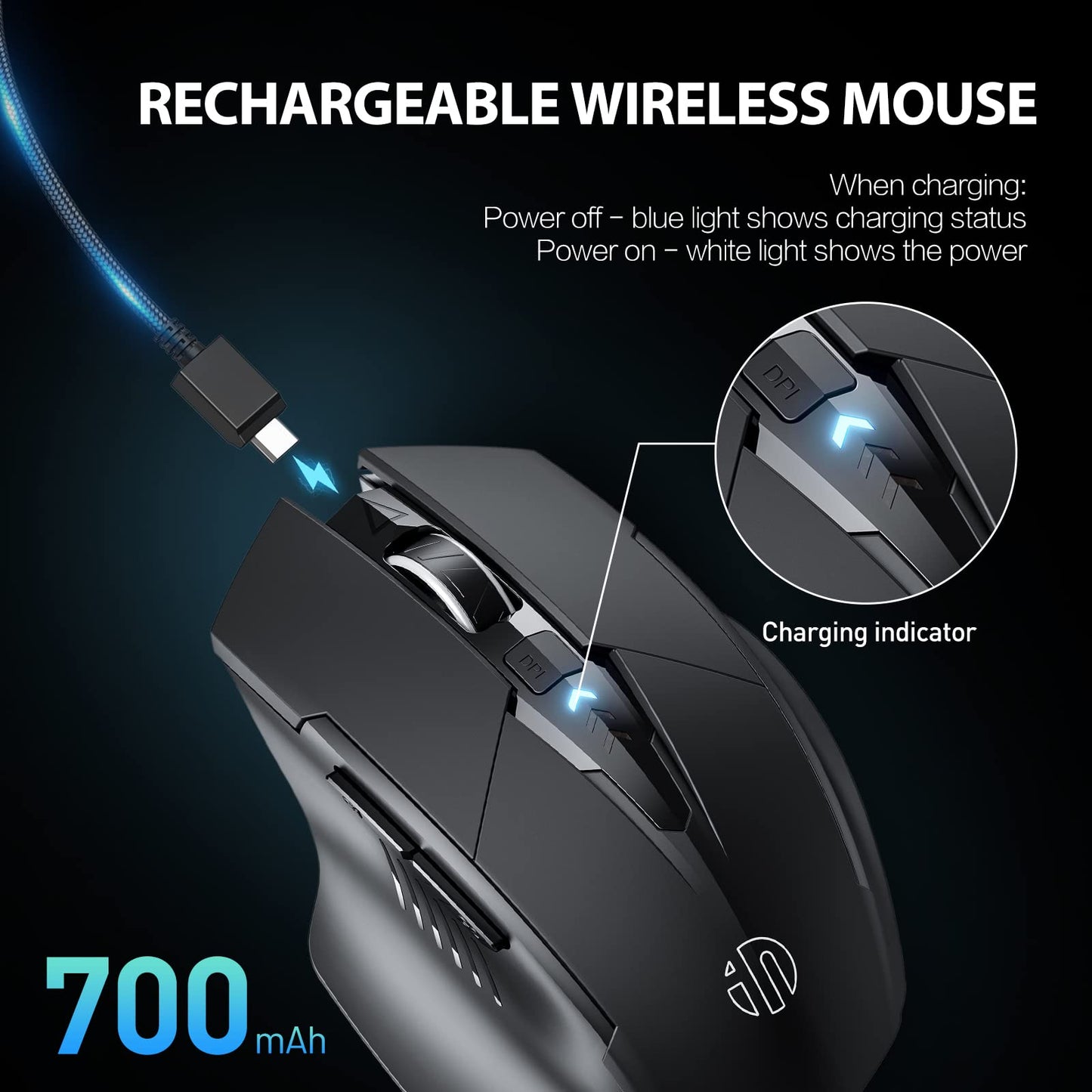 INPHIC Wireless Mouse Rechargeable, Battery Visible, 2400 DPI, 6 Buttons, Ergonomic Large Mouse for Laptop, Computer, Mac, PC etc.