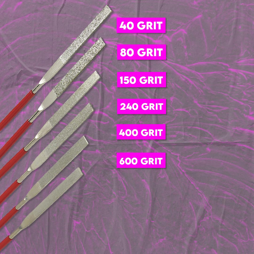 SE 74330DF 6-Piece Flat Diamond Grit File Set - Multi-Grit for Metals, Glass, Stones - 7" Length, 2" Diamond Surface, Round Handles - Includes PVC Pouch