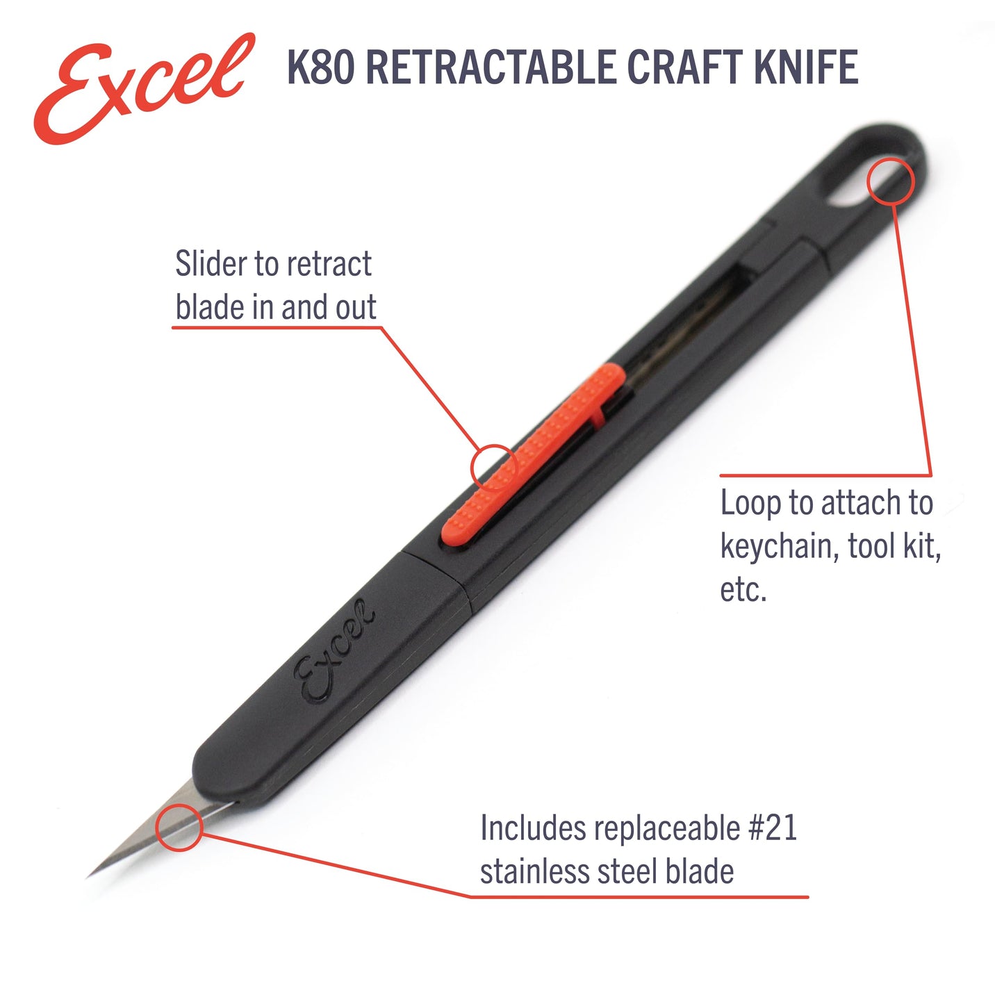 Excel Blades K80 Retractable Craft Knife, Precision Hobby Knife with #11 Blade, 5mm Slim Flat Pen Cutter with Anti-Roll Design, Safety Lock for Paper, Vinyl, Decals, Stencils & Models