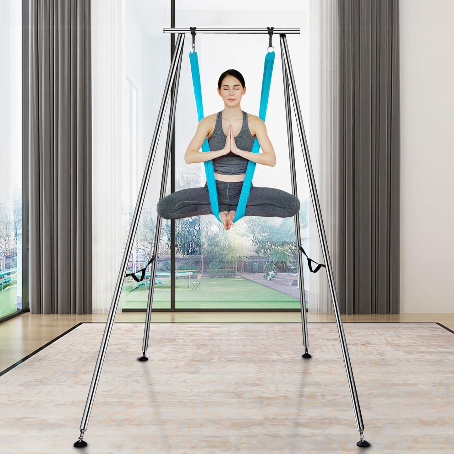 VEVOR Aerial Yoga Frame & Hammock, 551.15 lbs Load Capacity, 9.68 ft Height Professional Training Swing Stand Comes with 13.1 Yards Aerial Hammock, Yoga Rig for Indoor Outdoor, Blue