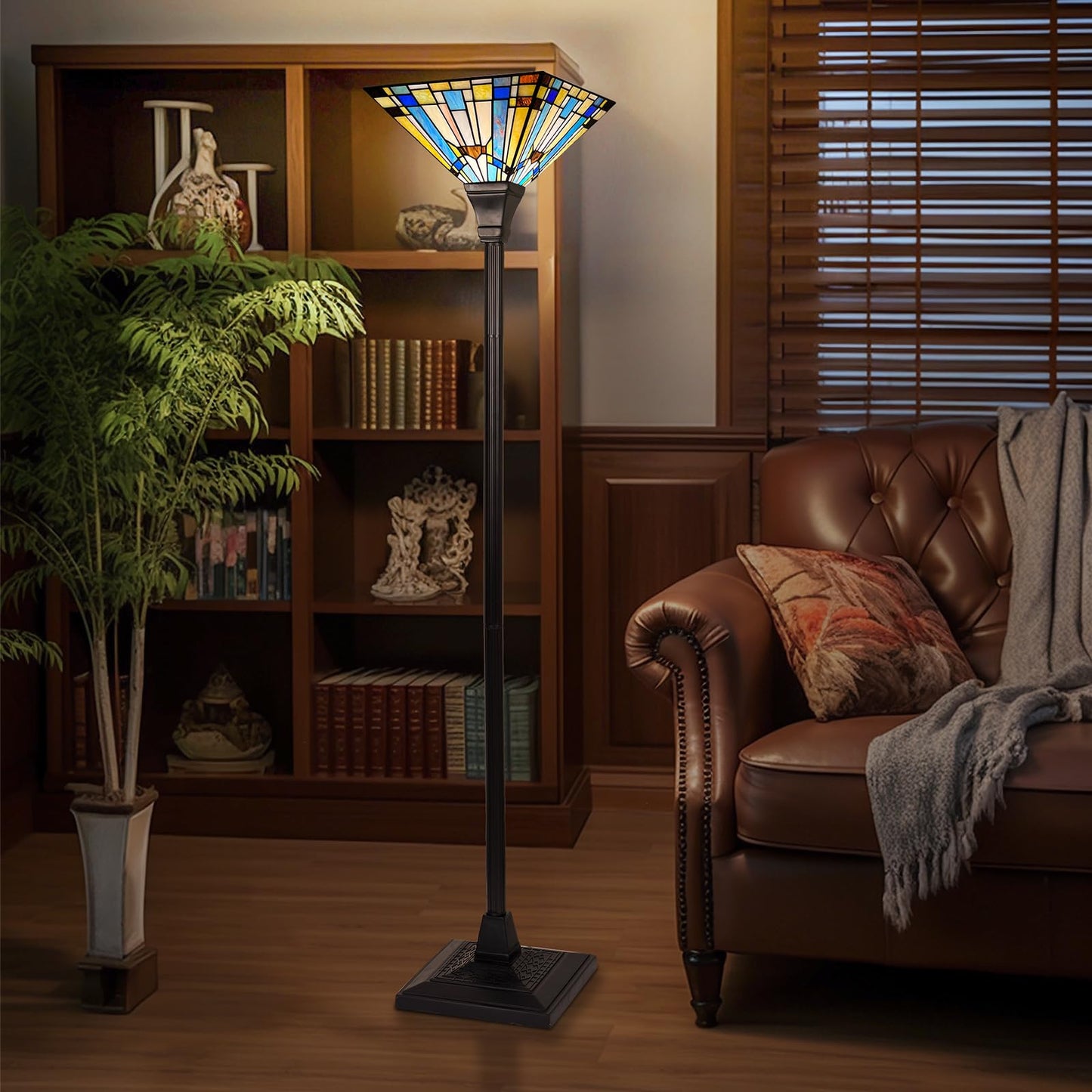Capulina Tiffany Lamp Stained Glass Torchiere Floor Lamp 70 Inches Tall Industrial Pole Green Blue Rustic Tiffany Style Torch Standing Lamp Decor for Living Room Bedroom Farmhouse Home Office