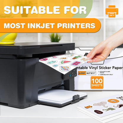 100 PCS Sticker Paper for Inkjet Printer, Printable Vinyl Sticker Paper Dries Quickly Vivid Colors, 8.5"x11" Tear Resistant Printable Vinyl, Glossy White, Inkjet & Laser Printer