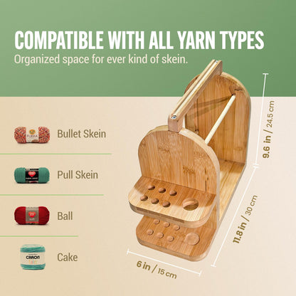 Yarn Holder for Crochet Accessories – Durable Bamboo Wood Knitting Accessories Yarn Storage Organizer with Built-in Phone Stand – Tangle-Free Dual Rods and Tool Holder – Works with Skein, Cake, Ball