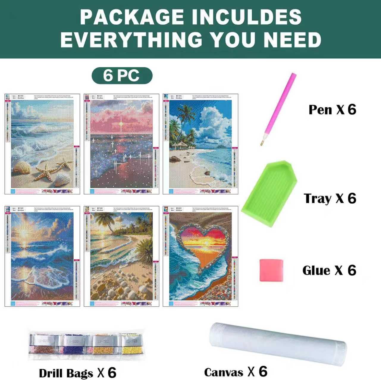 mrpwnle 6 Pack Diamond Art Kits for Adults, Landscape Diamond Painting Kits for Adults, 5D DIY Round Full Drill Gem Art Diamonds Dots Crafts, Home Decor Gift 12x16in (Beach, Sunset, Sunny)