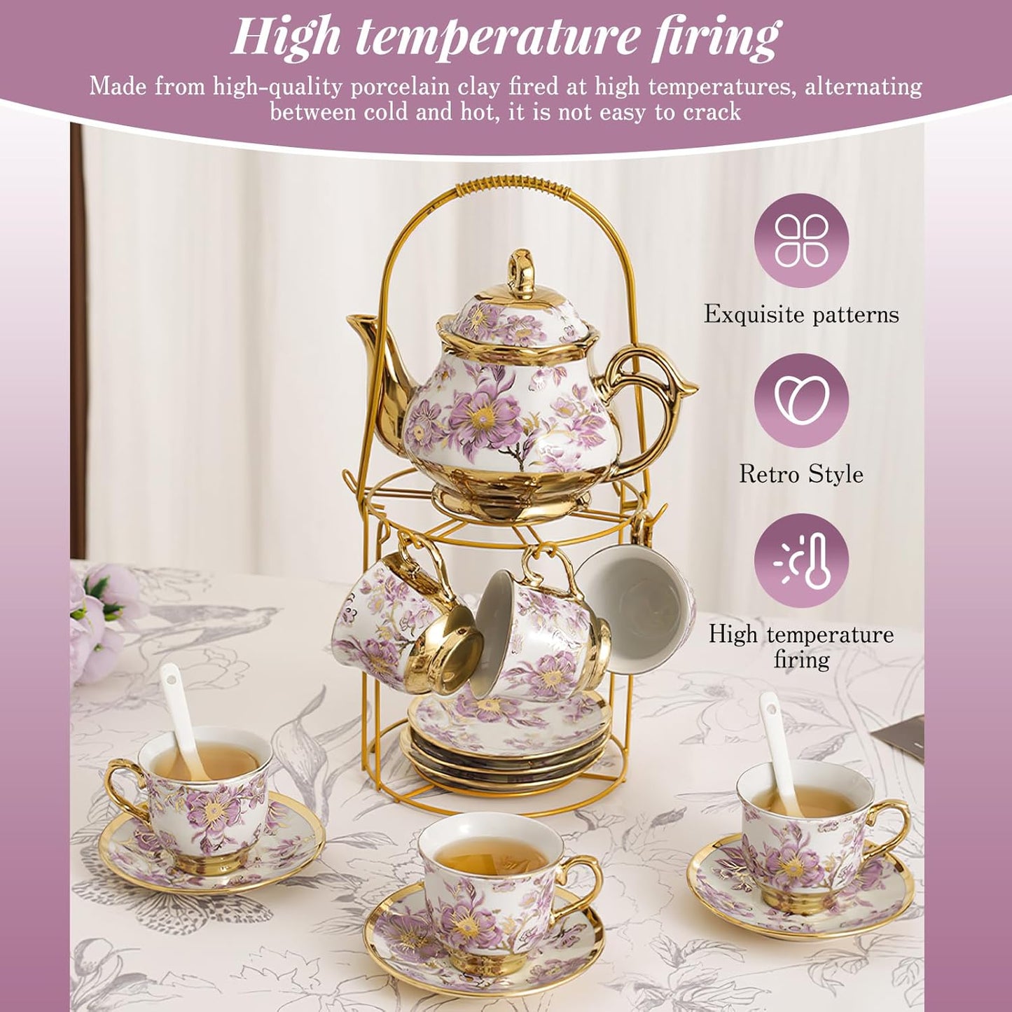 20 Set Sets Set Set Pcs Porcelain Tea with Metal Holder European Flower Tea for Adults, Ceramic Tea Party European