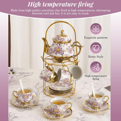 20 Set Sets Set Set Pcs Porcelain Tea with Metal Holder European Flower Tea for Adults, Ceramic Tea Party European