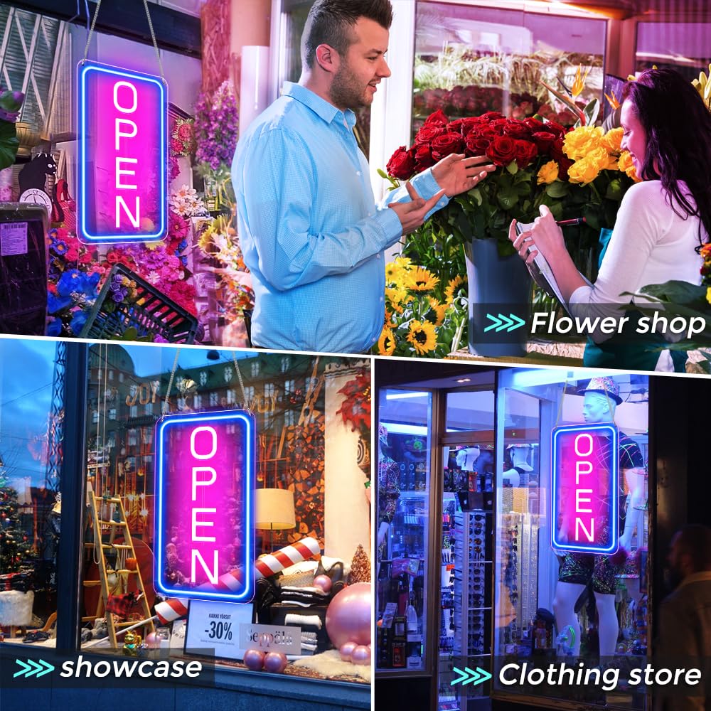 ROLANCHE Open Signs for Business, 16"x 9" LED Neon Open Sign with ON/OFF Switch adapter, Ultra Bright and Eye-catching Vertical Open Light Up Sign for Window, Wall, Store, Shop, Blue/Pink