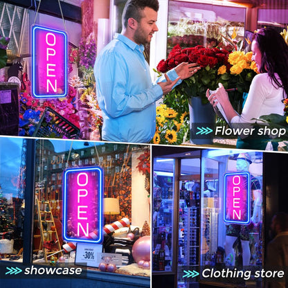 ROLANCHE Open Signs for Business, 16"x 9" LED Neon Open Sign with ON/OFF Switch adapter, Ultra Bright and Eye-catching Vertical Open Light Up Sign for Window, Wall, Store, Shop, Blue/Pink