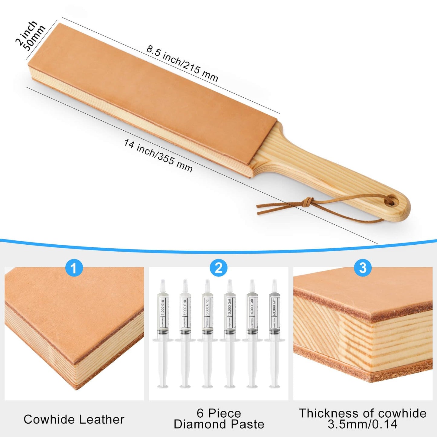 Angerstone Double Sided Diamond Leather Strop for Knife Sharpening with 6 Diamond Polishing Compounds - Cowhide Stropping Kit with Stropping Compounds, Knife Strop Block Stropping Leather