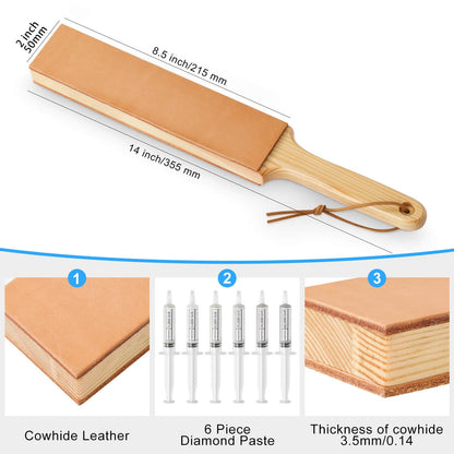 Angerstone Double Sided Diamond Leather Strop for Knife Sharpening with 6 Diamond Polishing Compounds - Cowhide Stropping Kit with Stropping Compounds, Knife Strop Block Stropping Leather