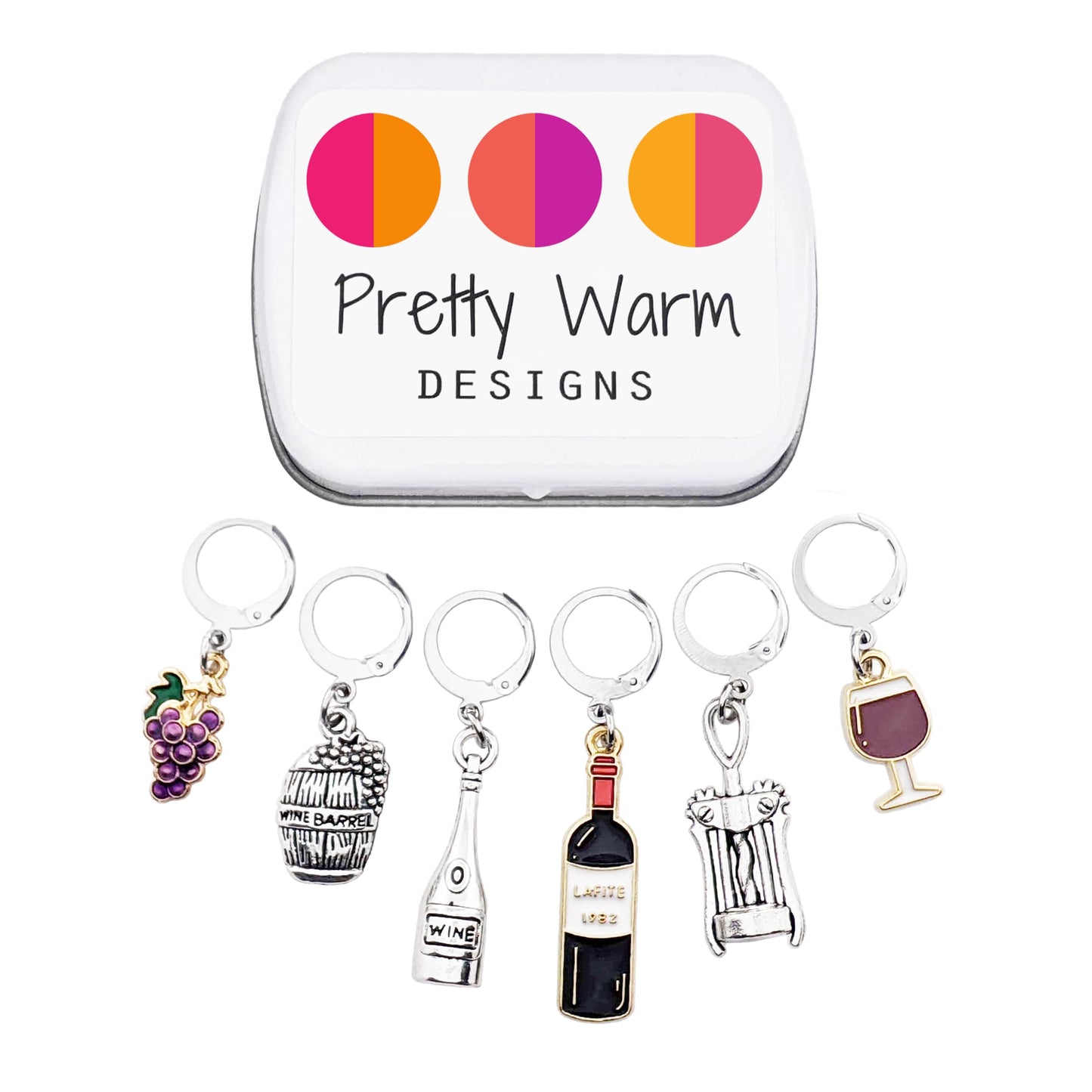 Pretty Warm Designs Wine Lover Locking Stitch Markers - Sip & Stitch Progress Keepers for Knitters and Crocheters - Set of 6 Handcrafted Accessories in Hinged Crafting Container