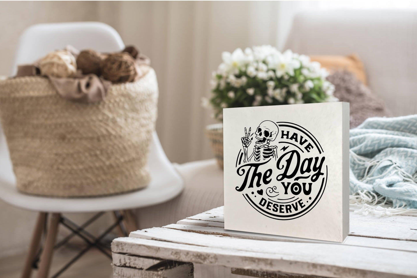 KEUSPI Have the Day You Deserve Skeleton Decor, Goth Decor, Inspirational Saying Wood Block Plaque Box Sign, Skull Motivational Quotes Desk Decors for Home Office Wall Tabletop Shelf 6x6