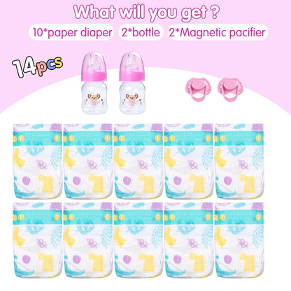 14 pcs Reborn Baby Doll Accessories with Feeding Set - Includes 10 Reborn Baby Doll Diaper , 2 Feeding Bottles and 2 Babydolls Pacifier Accessories