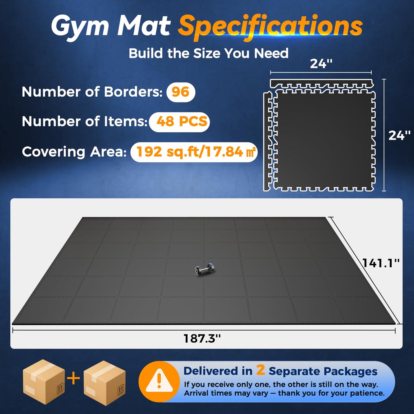 SUPERJARE 1" Extra-Thick Rubber Top Exercise Mat, Puzzle Gym Flooring for Home Gym, Gym Mat for Workout Equipment, Interlocking Floor Tiles with EVA Foam, 48 Pcs 192 Sq Ft, Black