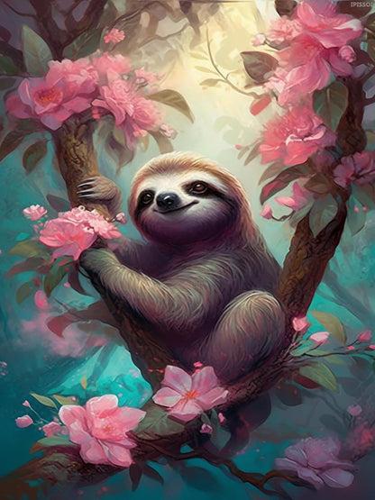Christmas Sloth on Tree Pink Flowers Diamond Painting Kit Full Round Gemstone Crystal Diamond Art Kits Diamond Painting for Home Decor Wall Decor 12x16 inch for New Year, Valentine's Day Gifts