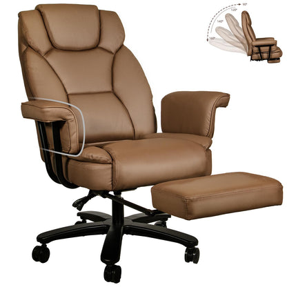 Sucrever Reclining Office Chair with Footrest, Big and Tall Home Office Desk Chairs 400lbs with High Back, Criss Cross Wide Seat, Heavy Duty Base, Pu Leather, Brown