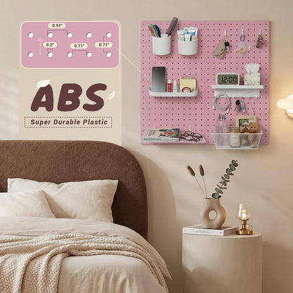 Pegboard Wall Organizer, 4 x11” x 11” ABS Peg Board Wall Organizer with Hooks, Shelves & Baskets, Drill or Adhesive Mount, 110 lbs Heavy Duty Wall Storage for Kitchen, Garage, Bathroom, Office (Pink)
