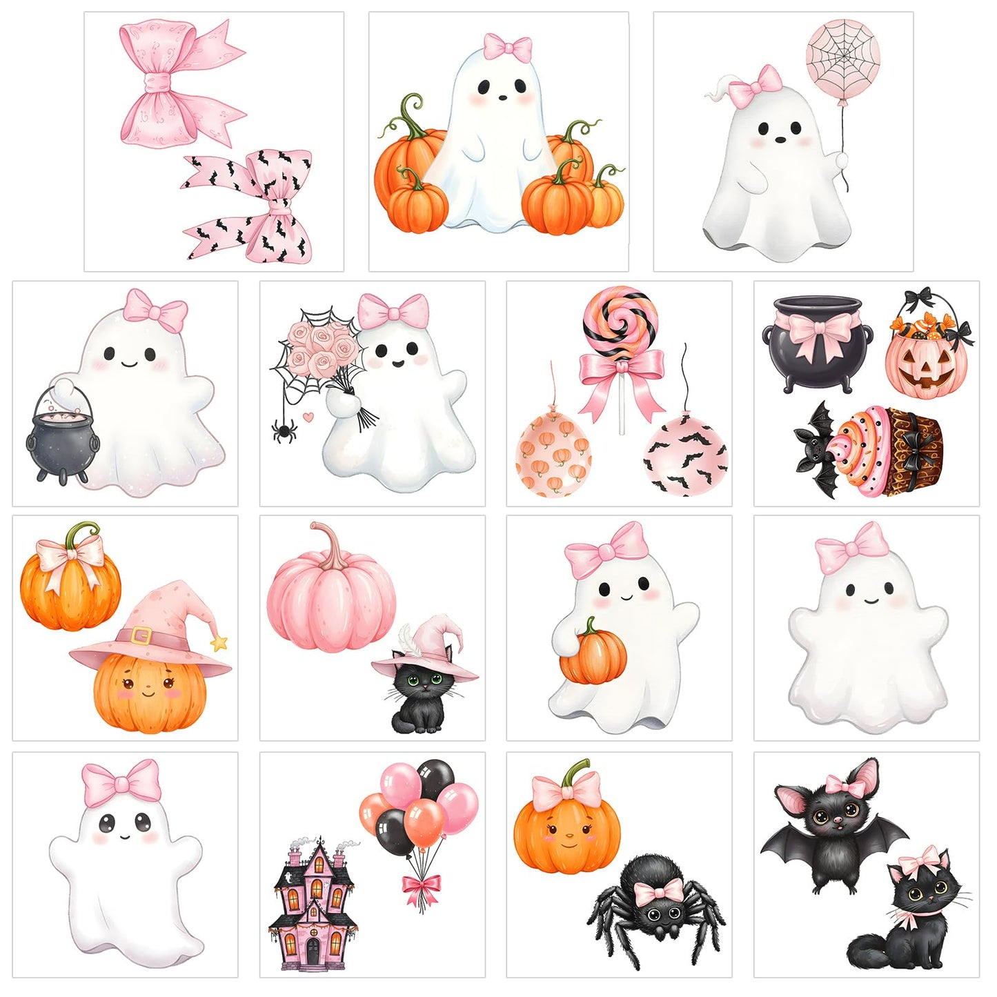 Harloon 15 Sheets Halloween Cute Ghost Rub on Transfers for Crafts Furniture Wood Ornaments Pink Bow Ghost Pumpkin Stickers Rub on Decals for Halloween Scrapbook DIY Wood Fabric Journal Envelope