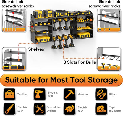 POKIPO Large Power Tool Organizer - Heavy Duty Wall Mount Drill Holder for 8 Drills - Black Utility Rack