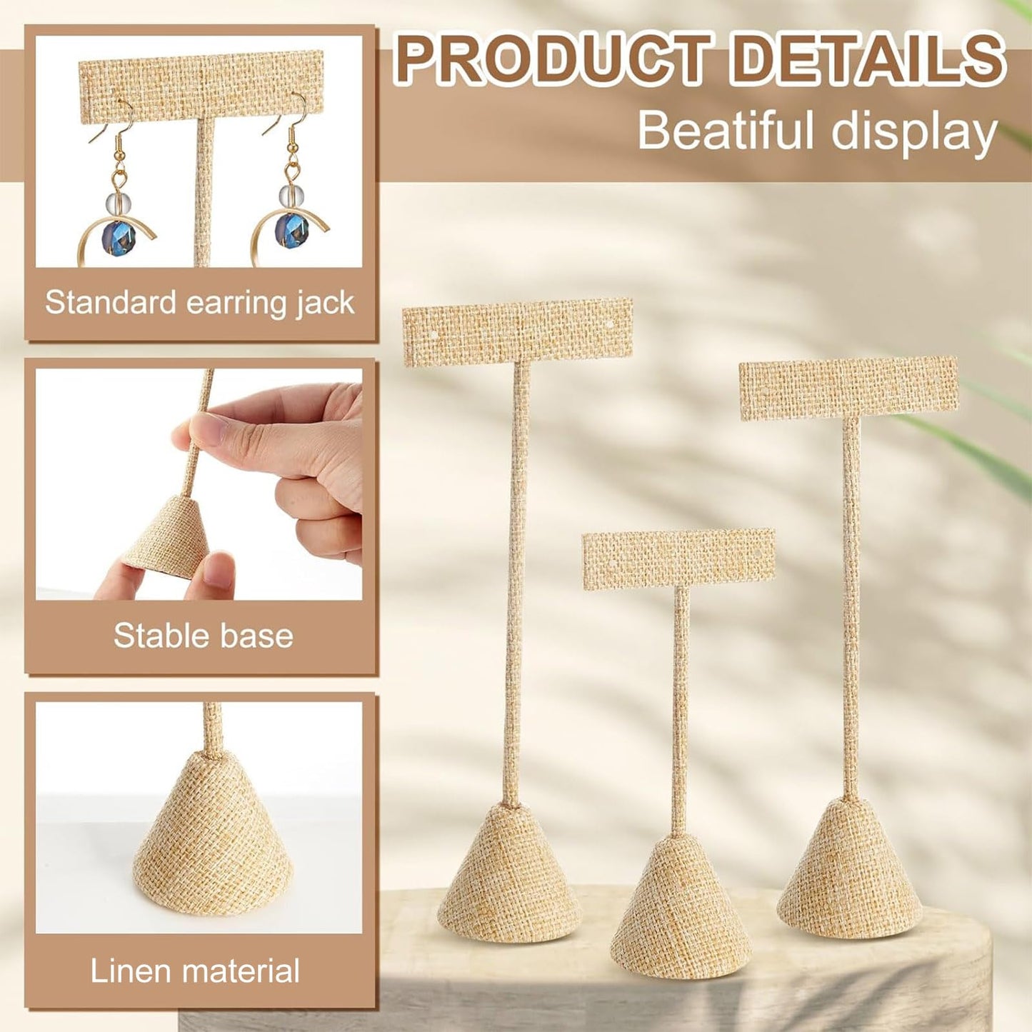 Marsui 12 Pcs Earring Display Set T Bar Earring Display Stand with 3 Heights Earrings Stand for Jewelry Vendors (Linen Color)