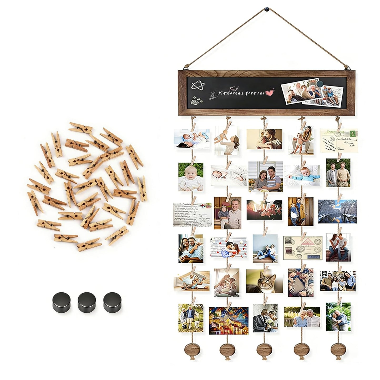HPZIHYNAP Wooden Photo Board - Hanging Board for Pictures with Clips & Chalkboard, Wall Picture Frame Collage for Home Decor (30 Clips Included)