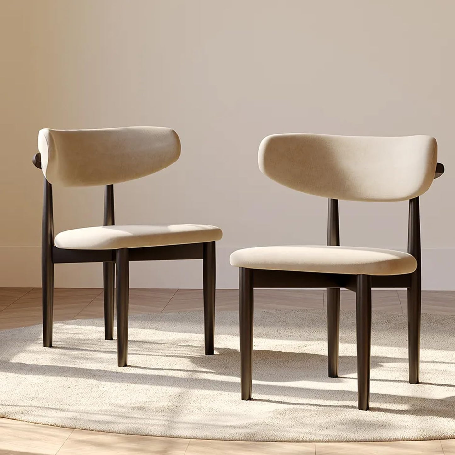 POVISON Modern Dining Chairs Set of 2, Armless Black Dining Chair with Sackcloth Cushions and Dark Walnut-Coloured Ash Wood, Pre-Assembled Design