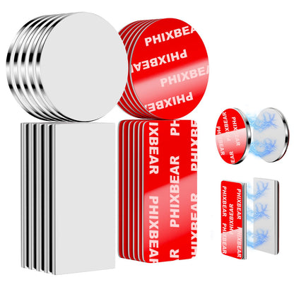 PHIXBEAR 10 Pack Neodymium Rare Earth Magnets Heavy Duty, Magnets with Strong Double Sided Tape, Scratch-Free Magnetic Strip for Cabinet Door, Fridge, DIY - (0.79"x1.58" & 1.18" Round)