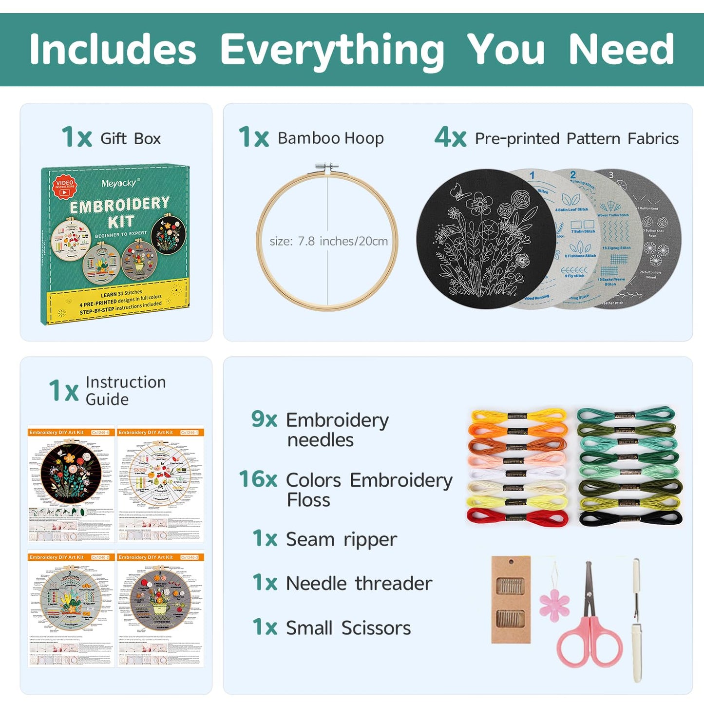 Meyocky Embroidery Kit for Beginners, 4 Pack Starter Embroidery Kits for Adults Learn 31 Stitches with Simple Patterns, Step-by-Step Video Stitch Practice Sampler Kit,Gift for Women Craft Lovers