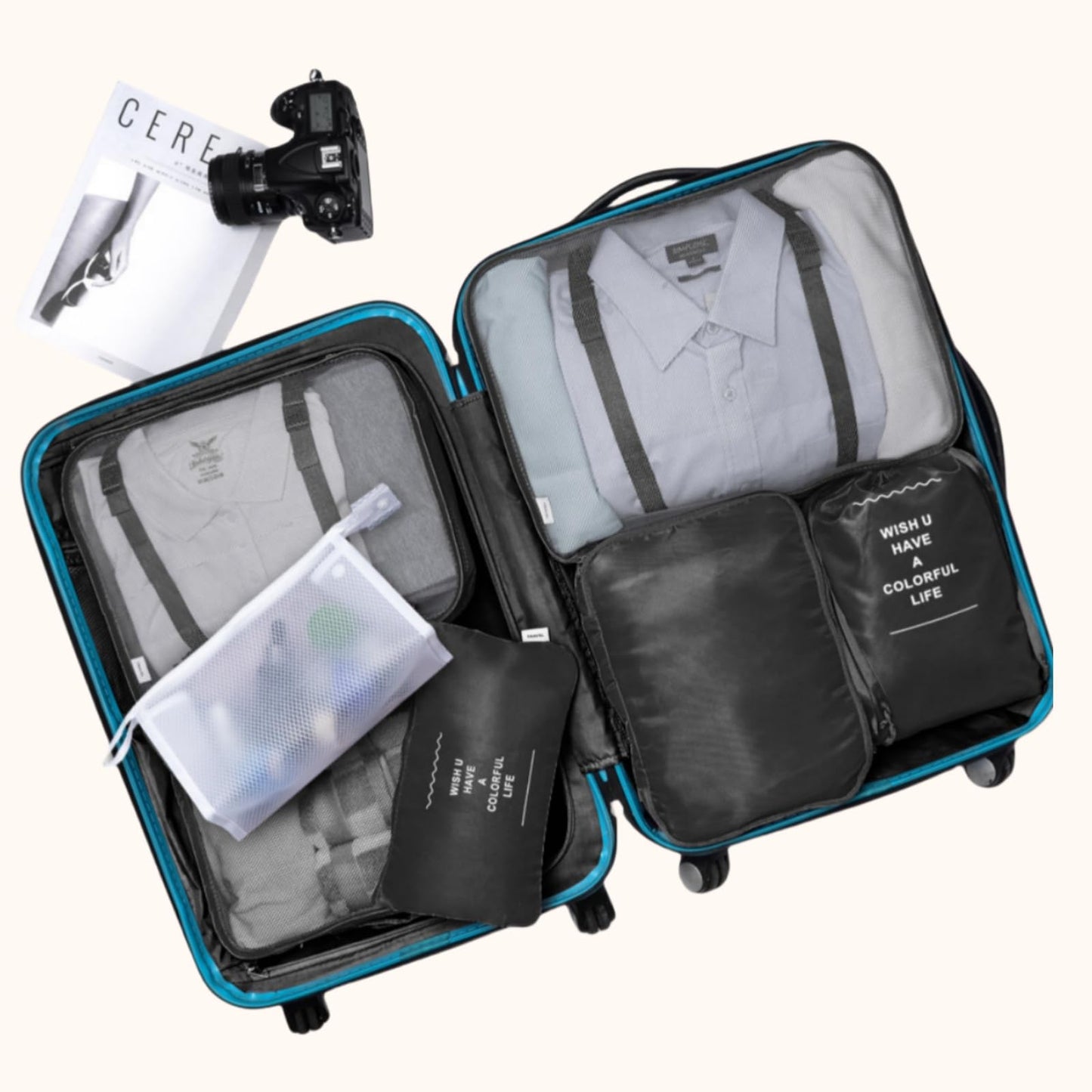 Packing Cubes 7 Pcs Travel Luggage Packing Organizers Set with Toiletry Bag (Black)