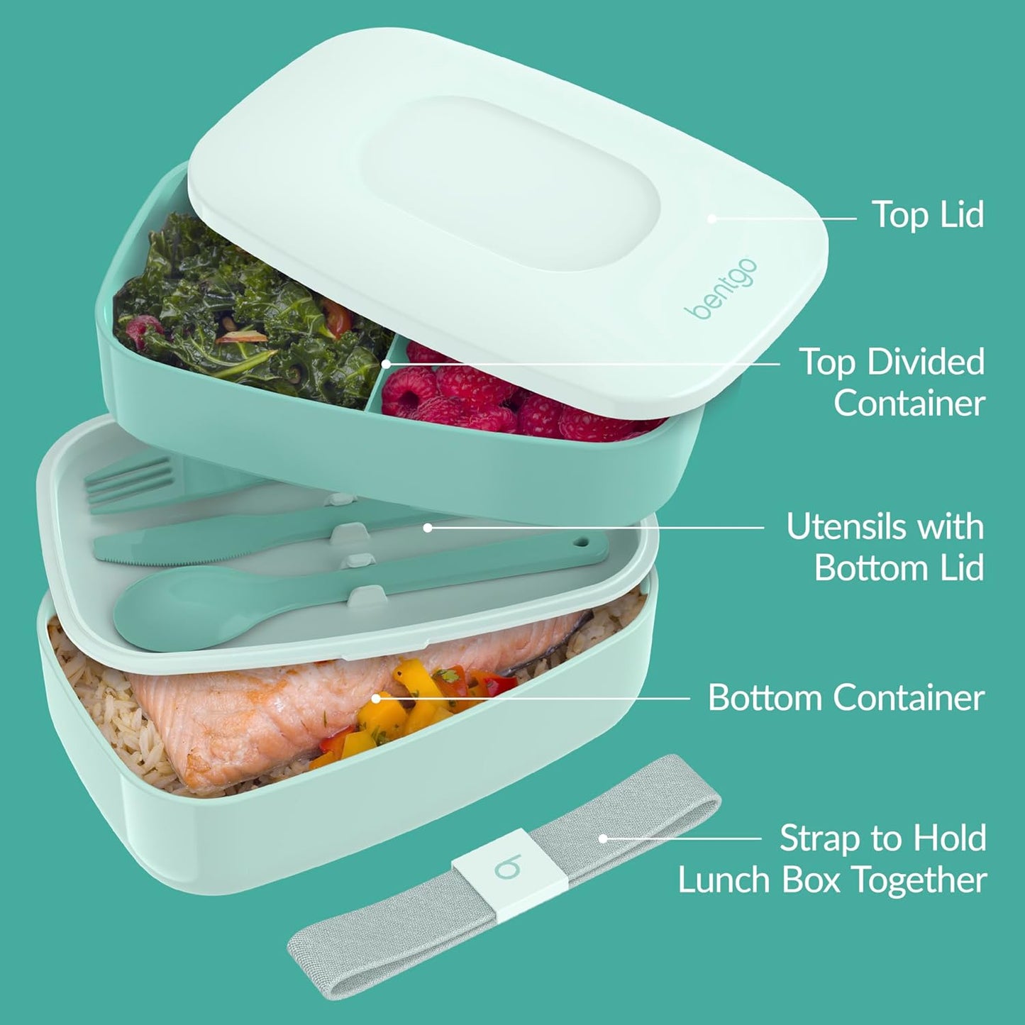 Bentgo Classic Adult Bento Box, Stackable 3-Compartment Lunch Box with Removable Utensil Set, BPA-Free (Coastal Aqua)