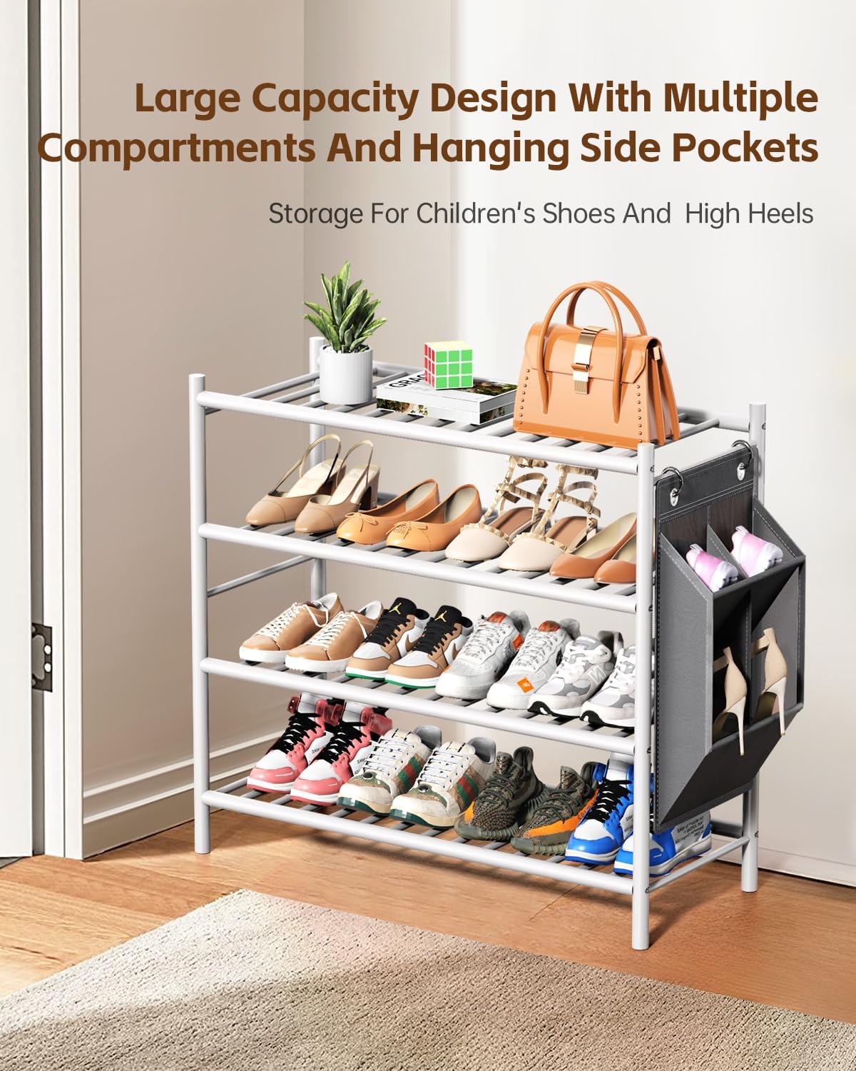 woxlemen Closet 26 inch 4-Tier) Bamboo Shoe Rack for Small Wooden Shoe Organizer with Pouch, Sturdy Wood Shoe Shelf